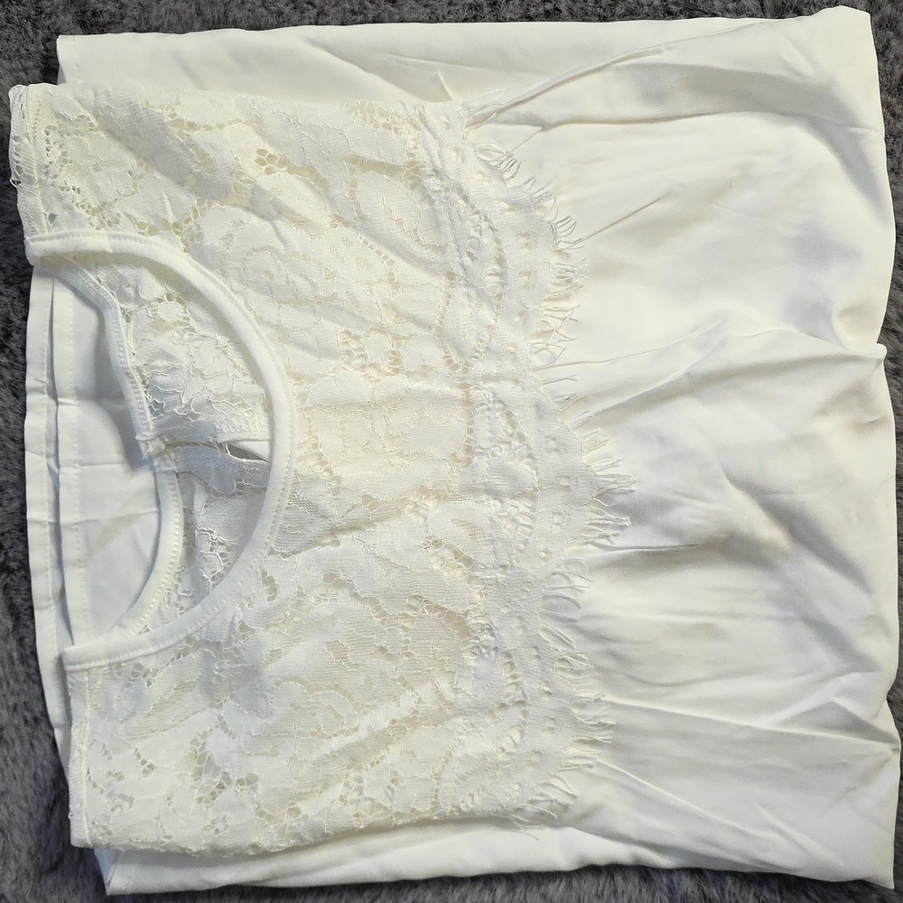 White Lace Detail Mixed Media Long Sleeve Button Oversized Top size M